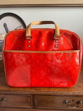Louis Vuitton Sutton Red Patent Monogram satchel Bag with Tan Trim